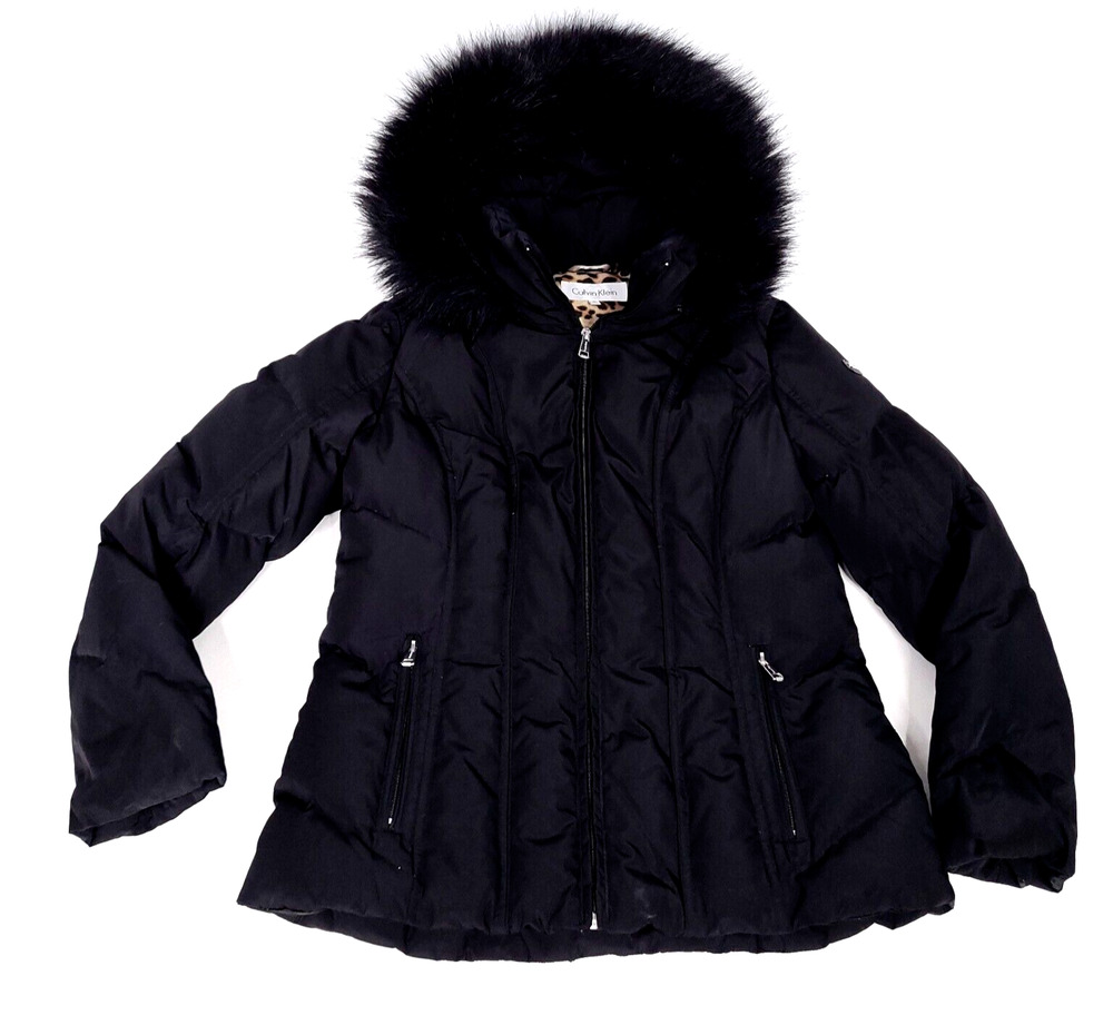 Calvin Klein Womens M Black Puffer Coat Faux Fur Hood Down Fill Jacket READ